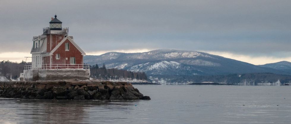 Rockland’s Breakwater Lighthouse on a grey wintry day