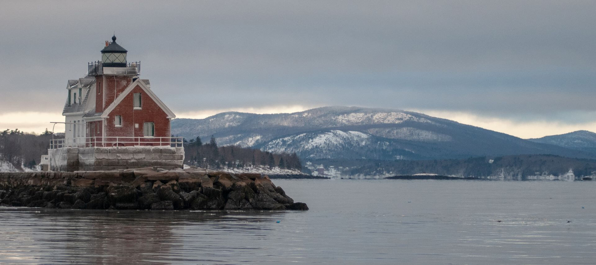 Rockland’s Breakwater Lighthouse on a grey wintry day