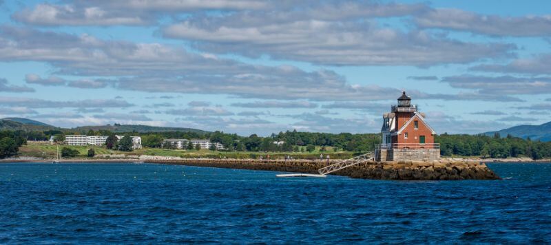 A view of the Rockland Breakwater Lighthouse and the Maine coastline