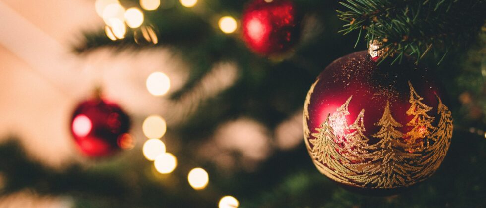 a red ornament on a christmas tree