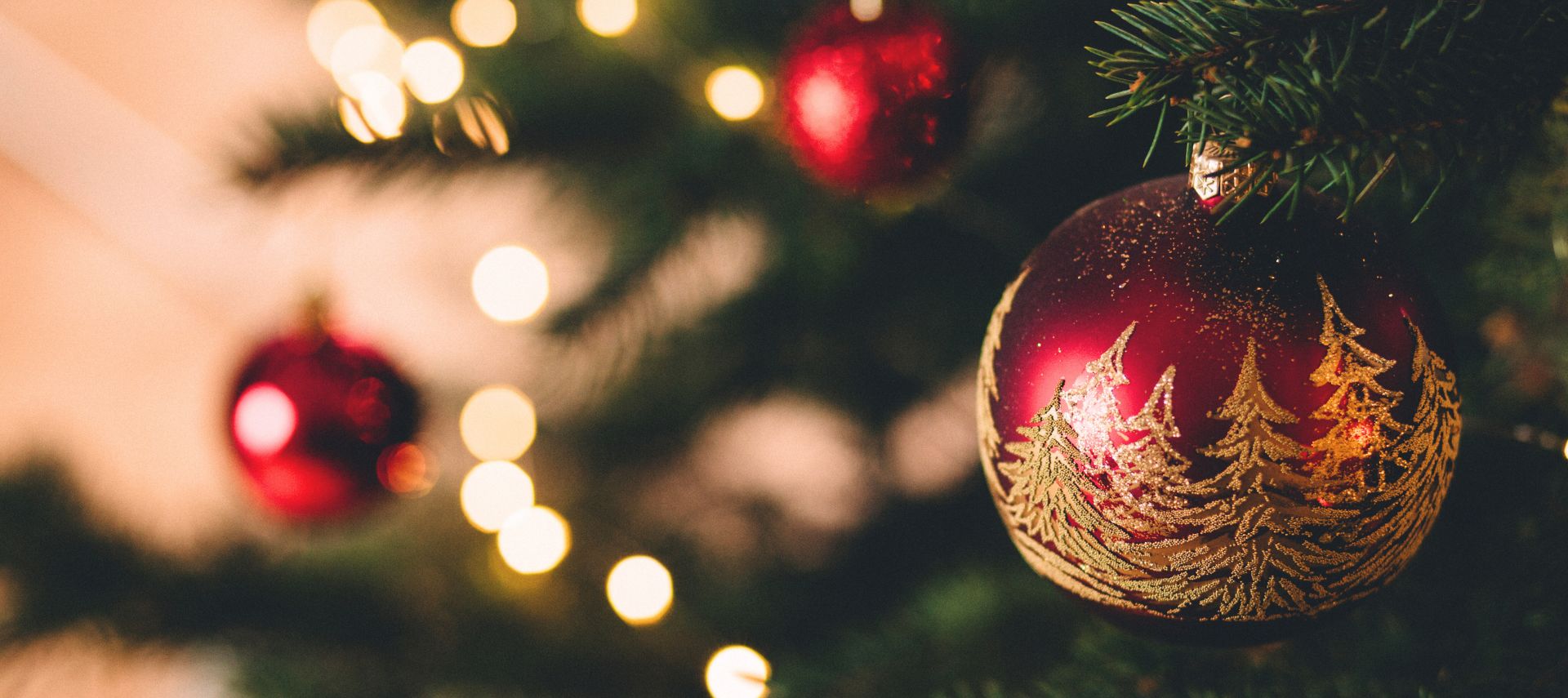 a red ornament on a christmas tree