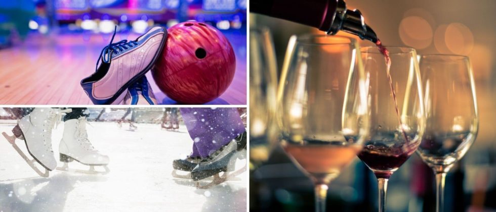 Date night ideas: Bowling alley focused on shoes and ball, pouring wine into goblets, couple ice skating