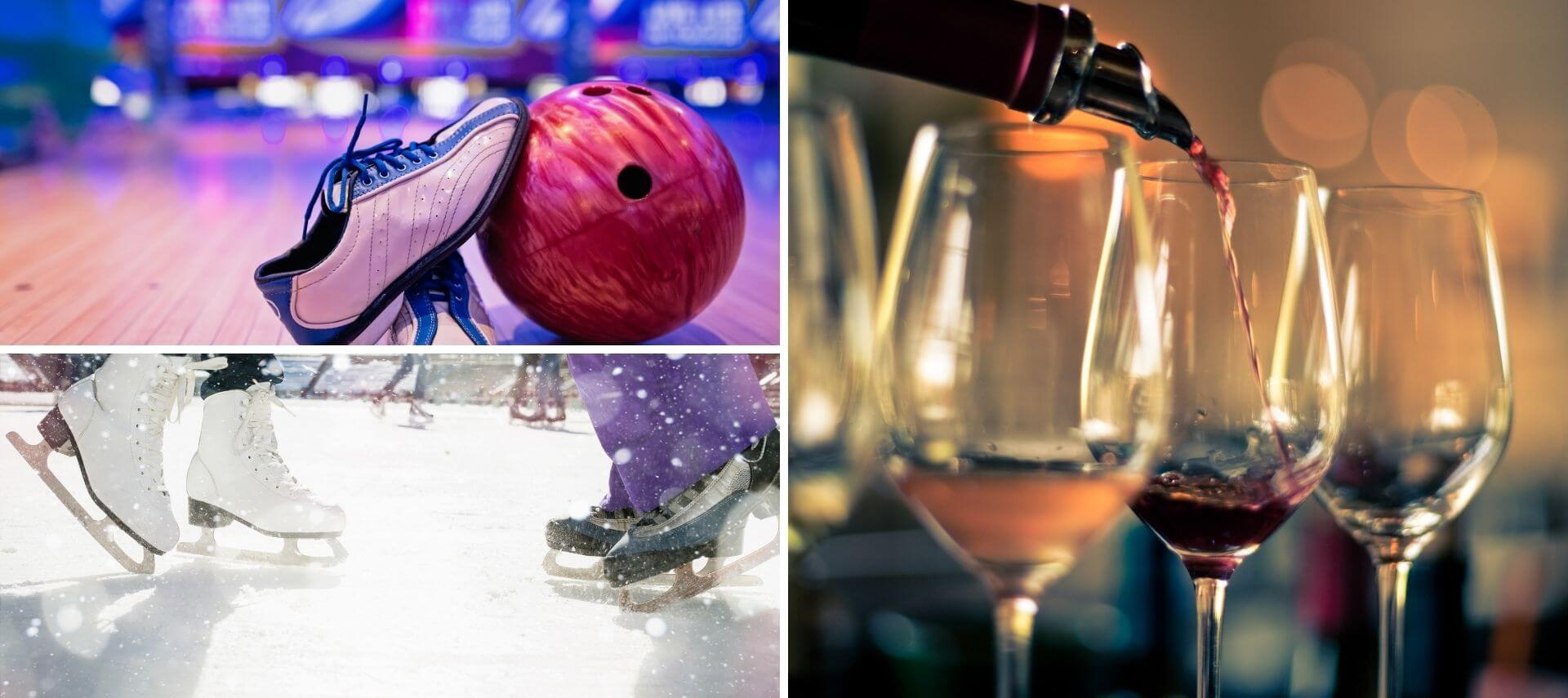Date night ideas: of bowling alley focused on shoes and ball, pouring wine into goblets, couple ice skating