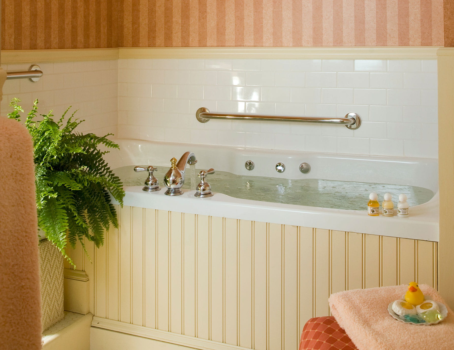 Full, warm bathtub with soaps and decorative fern