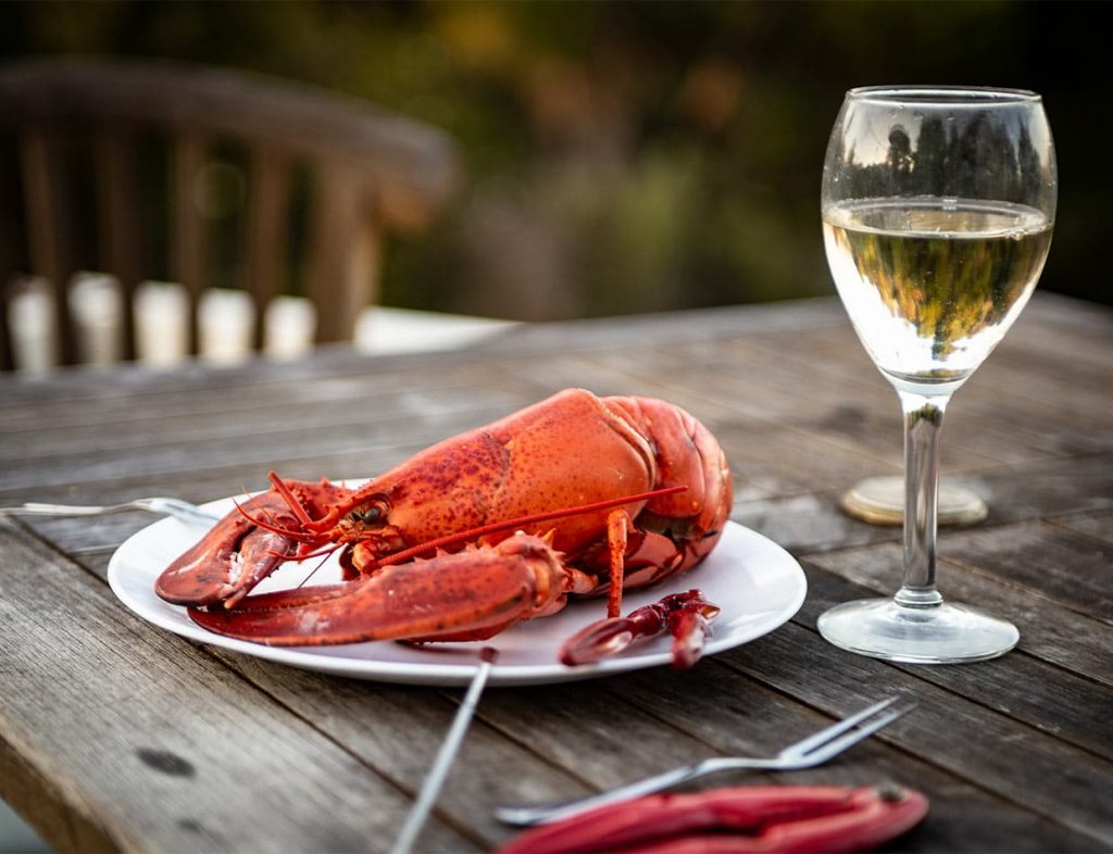 Fresh boiled lobster on a plate outdoors with a glass of white wine