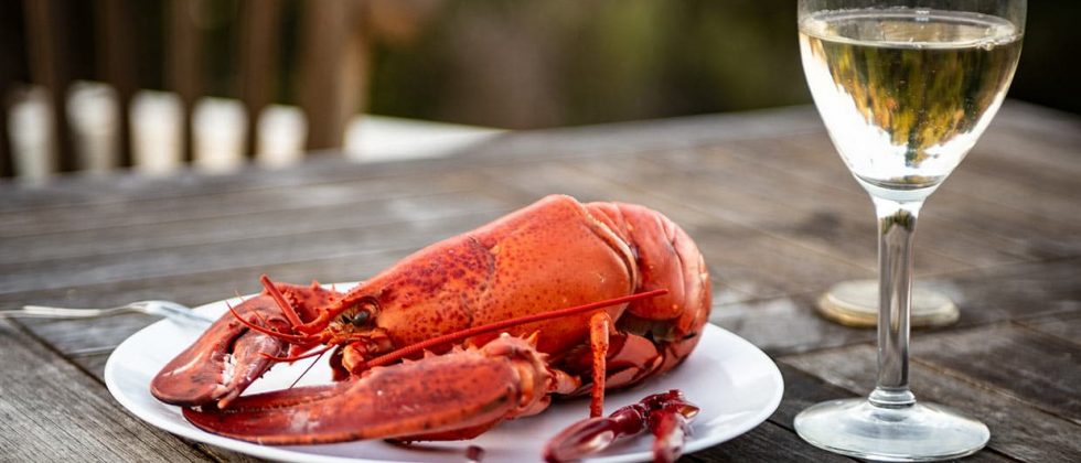 Fresh Lobster on a plate outdoors with a glass of white wine