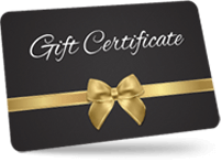 Black card with gold bow that says "Gift Certificate"