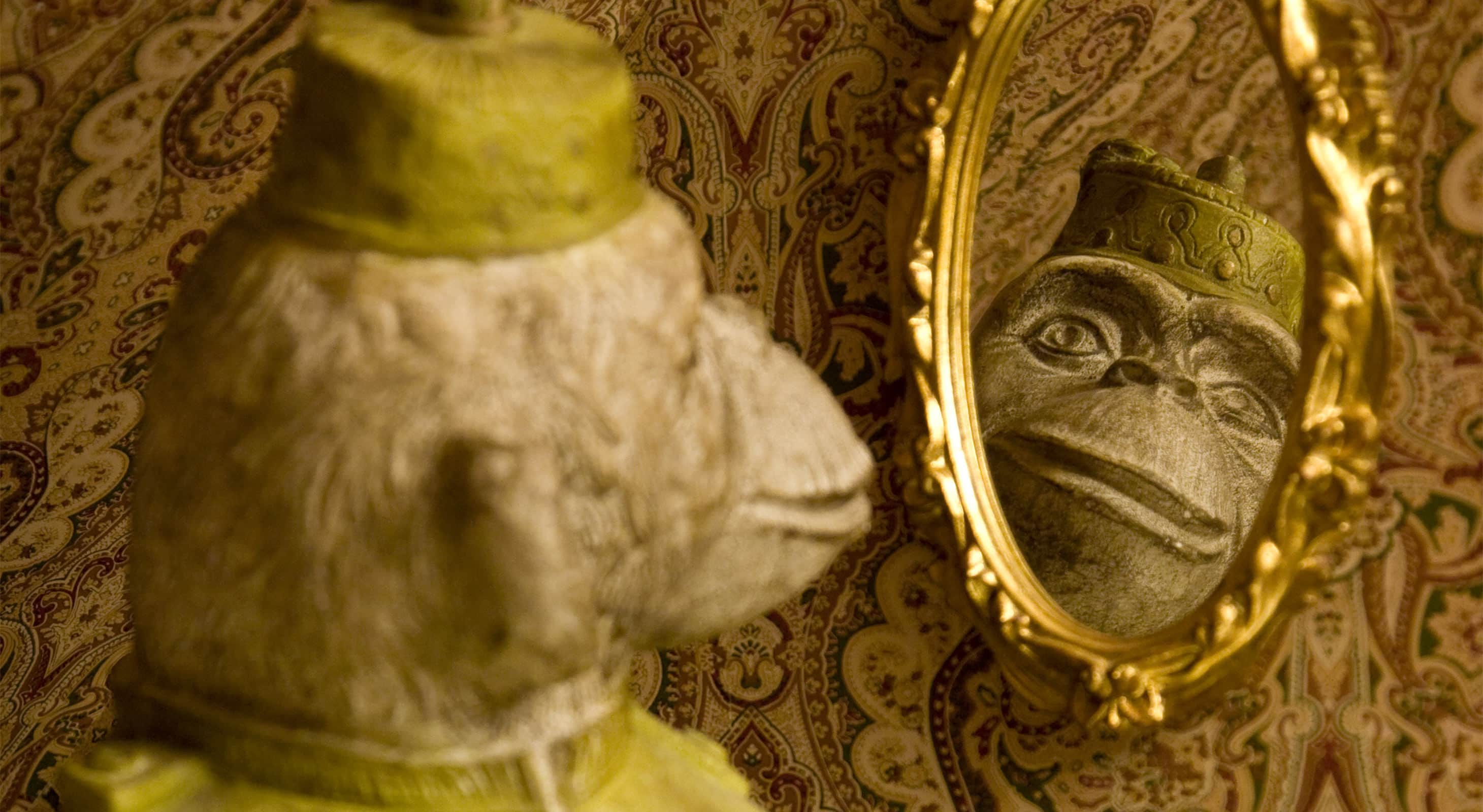 Cute detail of a monkey statue reflected in mirror