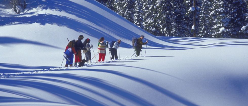 Group of friends cross country skiing over rolling snow-covered ground.