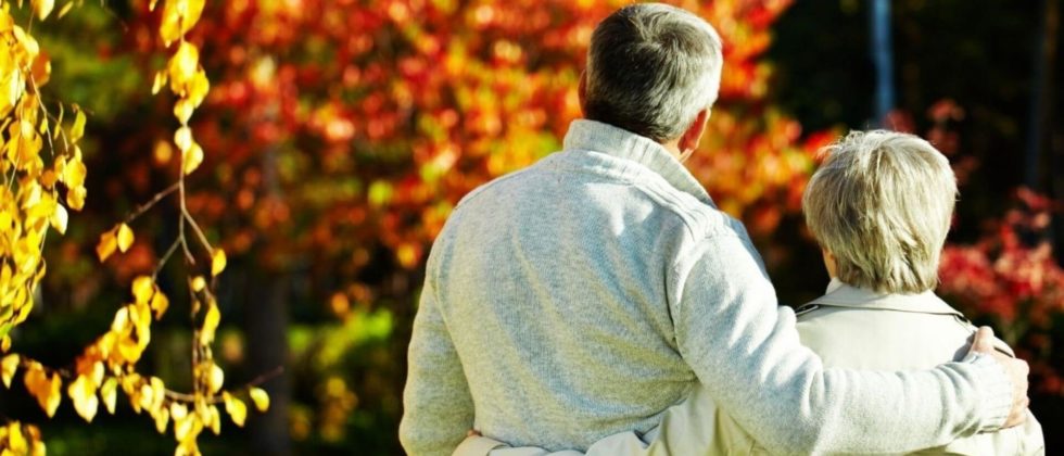 Back of couple arm in arm gazing at colorful trees