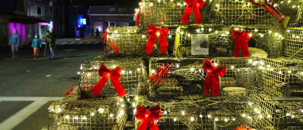 Lobster trap piled high and decorated like a Christmas tree