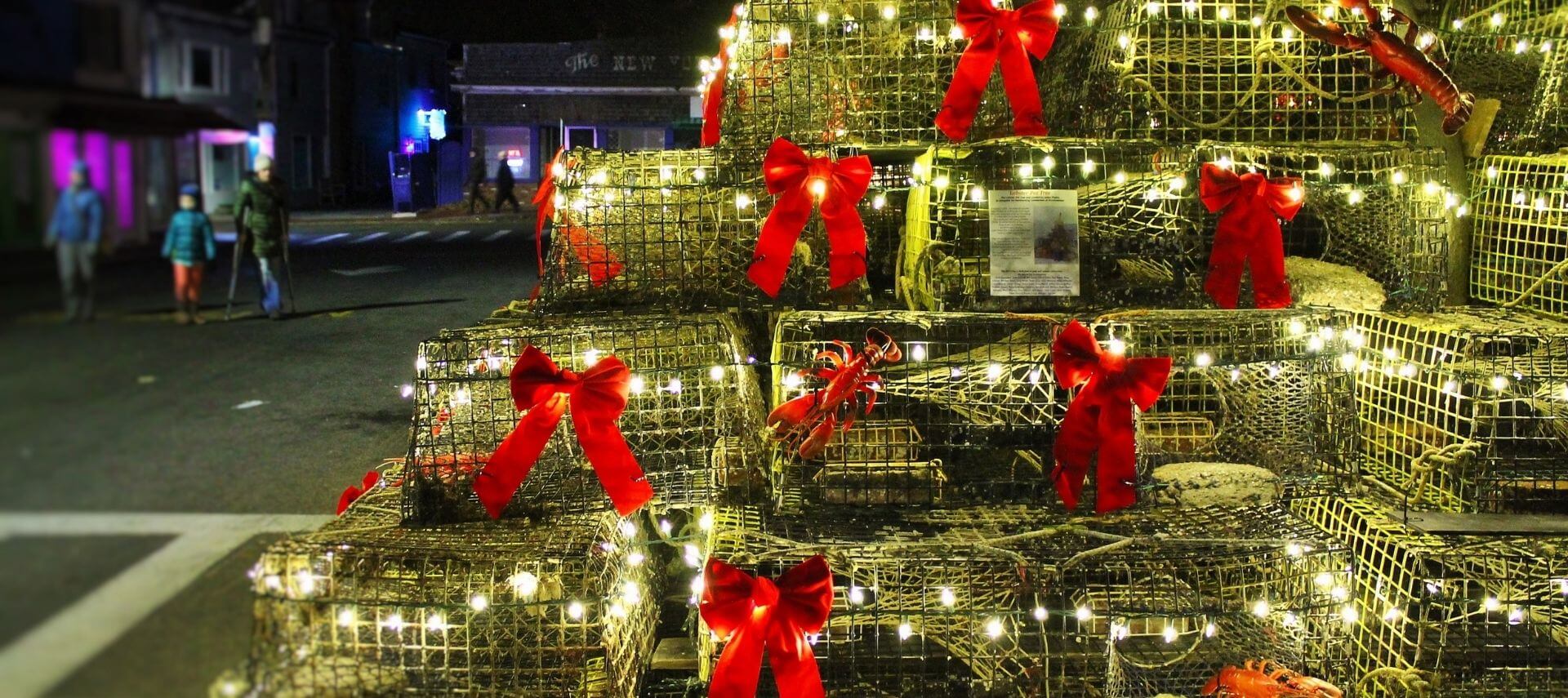 Lobster trap piled high and decorated like a Christmas tree