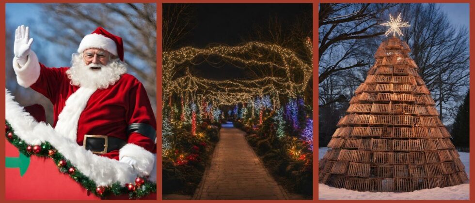 A collage of Santa, botanical gardens lit up, and a lobster trap Christmas tree