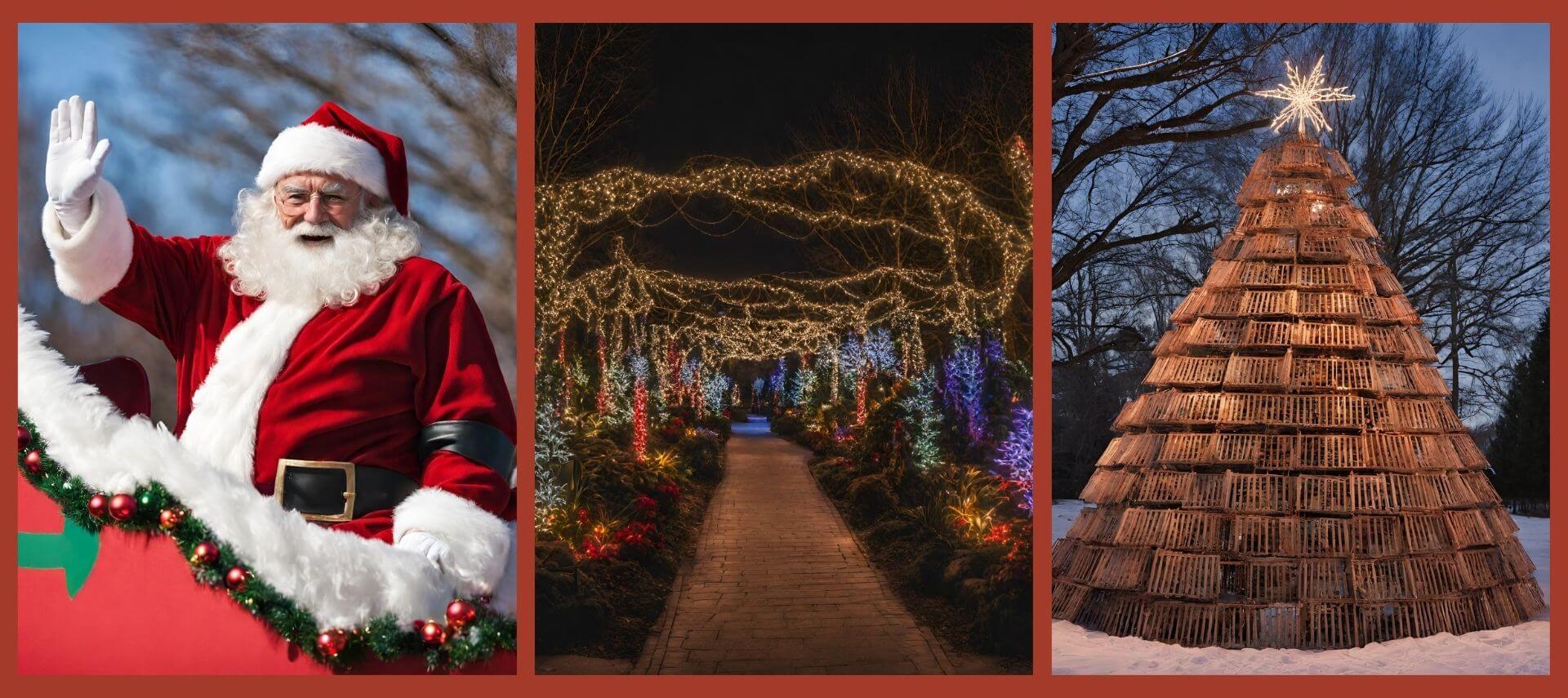 A collage of Santa, botanical gardens lit up, and a lobster trap Christmas tree