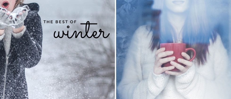 The Best of winter with woman outside in the snow and woman inside holding warm mug while looking out the window