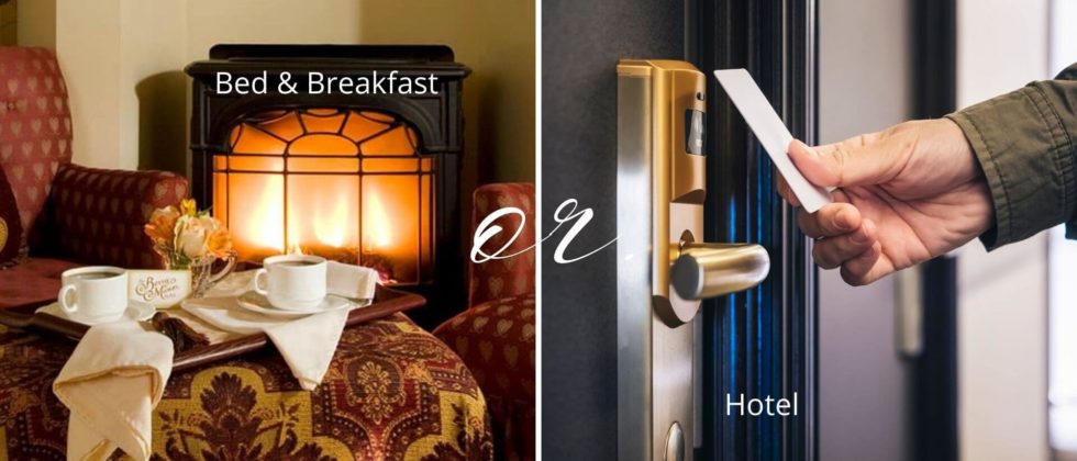 Warm cozy room with fireplace and tray of coffee and key card at hotel door with text of bed and breakfast or hotel