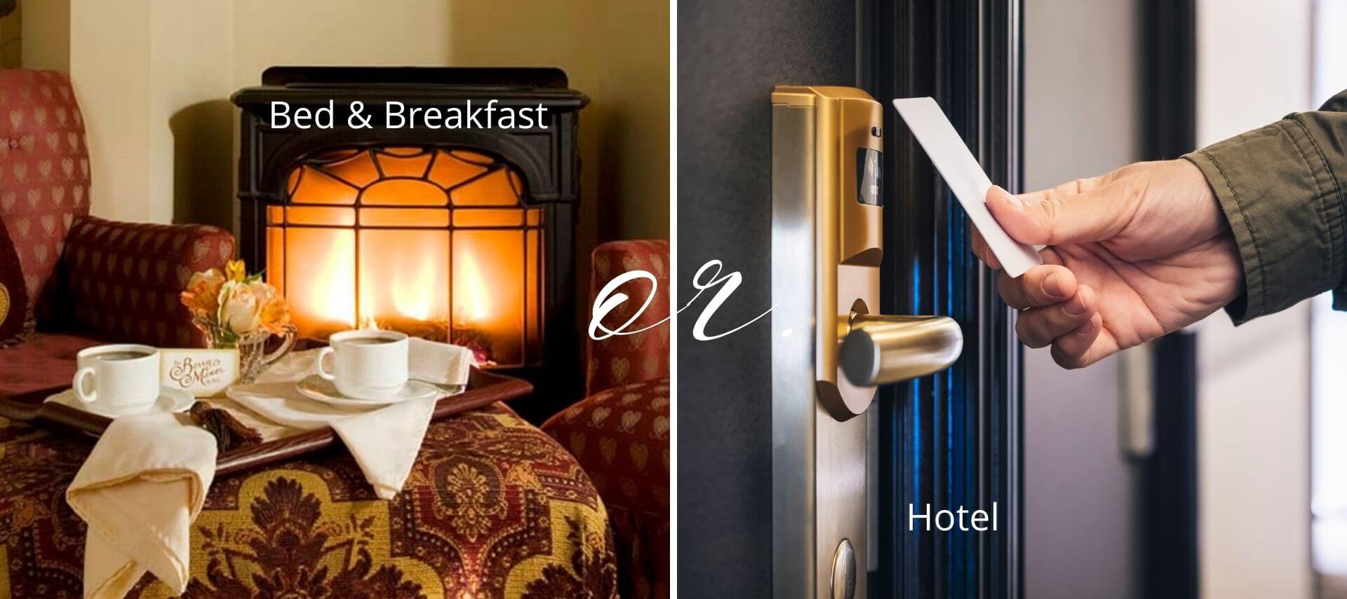 Warm cozy room with fireplace and tray of coffee and key card at hotel door with text of bed and breakfast or hotel