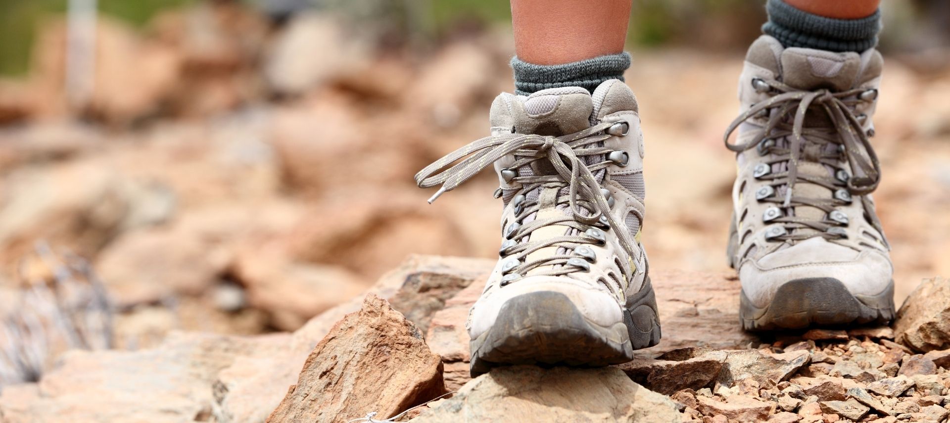 Close-up of hiking shoes of someone walking in the woods