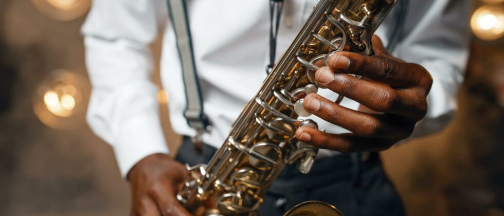 A saxophone player has fingers poised on the keys