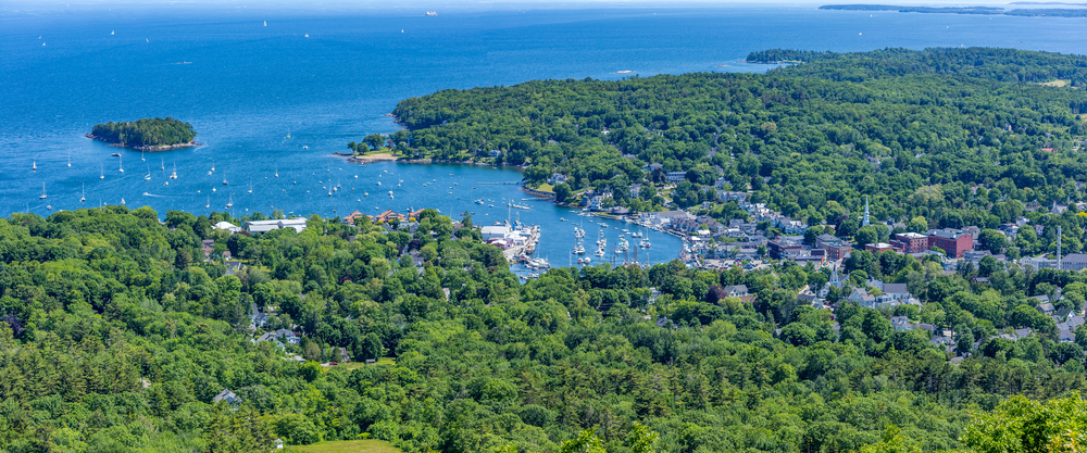 Aerial View of Penobscot Bay, home to the Windjammer festival and other top things to do in Camden, Maine